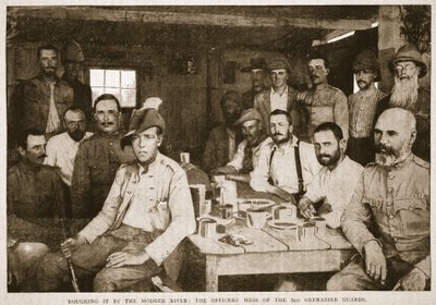 La vie rude au bord de la rivière Modder : le Mess des officiers des 3e Grenadier Guards, illustration de Batailles du XIXe siècle, Vol. VI : La guerre des Boers de 1899-1900 par Archibald Forbes, G.A. Henty - English Photographer